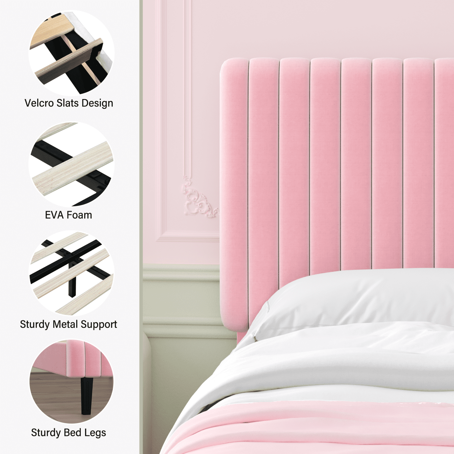 4 EVER WINNER Queen Size Bed Frame, Queen Size Upholstered Platform Bed Frame with Vertical Channel Tufted Headboard, Pink Queen Bed Frame, Pink
