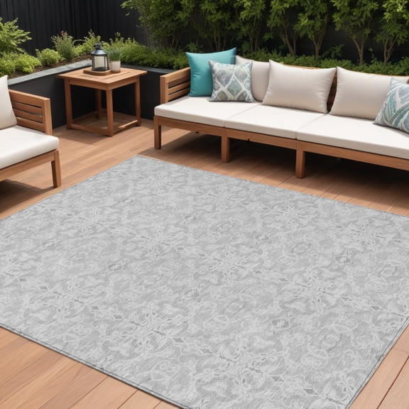 10' X 14' Silver And Gray Medallion Washable Indoor Outdoor Area Rug