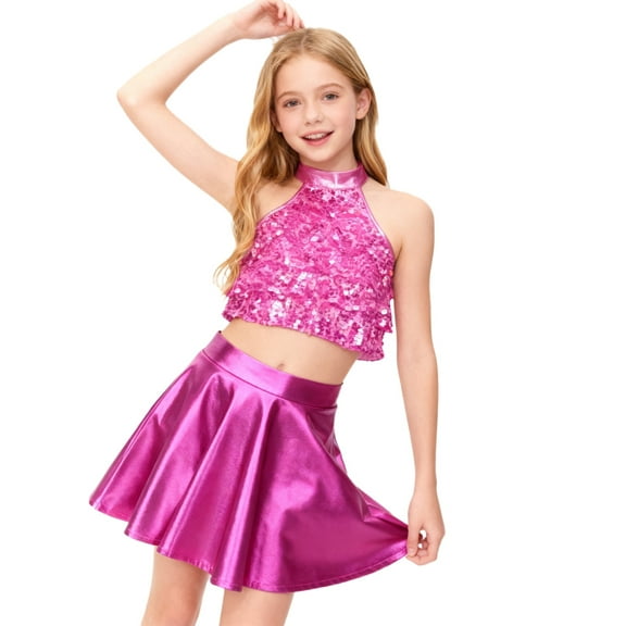 TTAO Kids Girls 2 Piece Samba Jazz Latin Dance Outfits Sequin Sleeveless Crop Top With Skirt Set Performance Dancewear Hot Pink 8