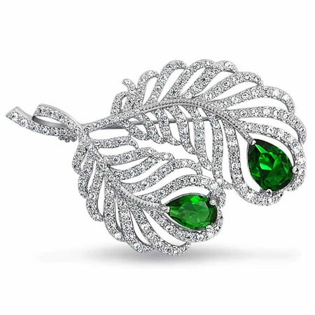 Bling Jewelry Simulated Emerald CZ Peacock Feather Brooch Rhodium Plated