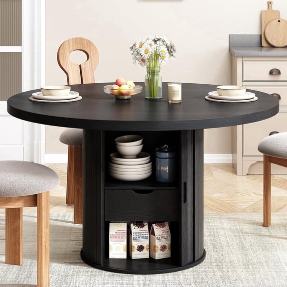 31 inch Round Dining Table for 4, Circle Kitchen Table with 2-Layer Storage Shelf and a Drawer, Modern Farmhouse Dinner Tables with Sliding Door and Wood Strip Base for Kitchen, Living Room (Black)