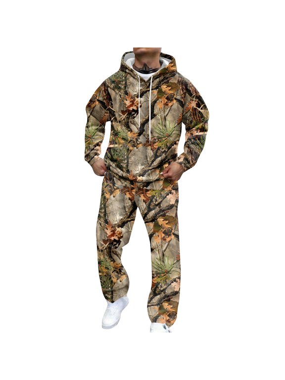 Mens Sweatsuit Camouflage Print Maple Leaf Print Sets with Pocket Long Sleeve Outfits Oversized Fashion Jogging Lounge Hooded Jogger Pants,Light Green XL