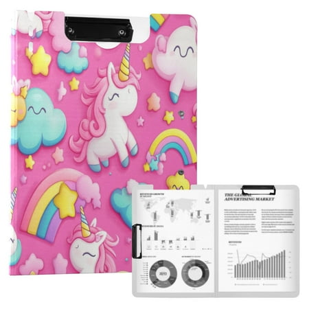 A4 Double Clip File Folder 18.9×12.6in Clipboards Foldable Binder Holds 80 Sheets Project Folder for Office Home Unicorns and Clouds