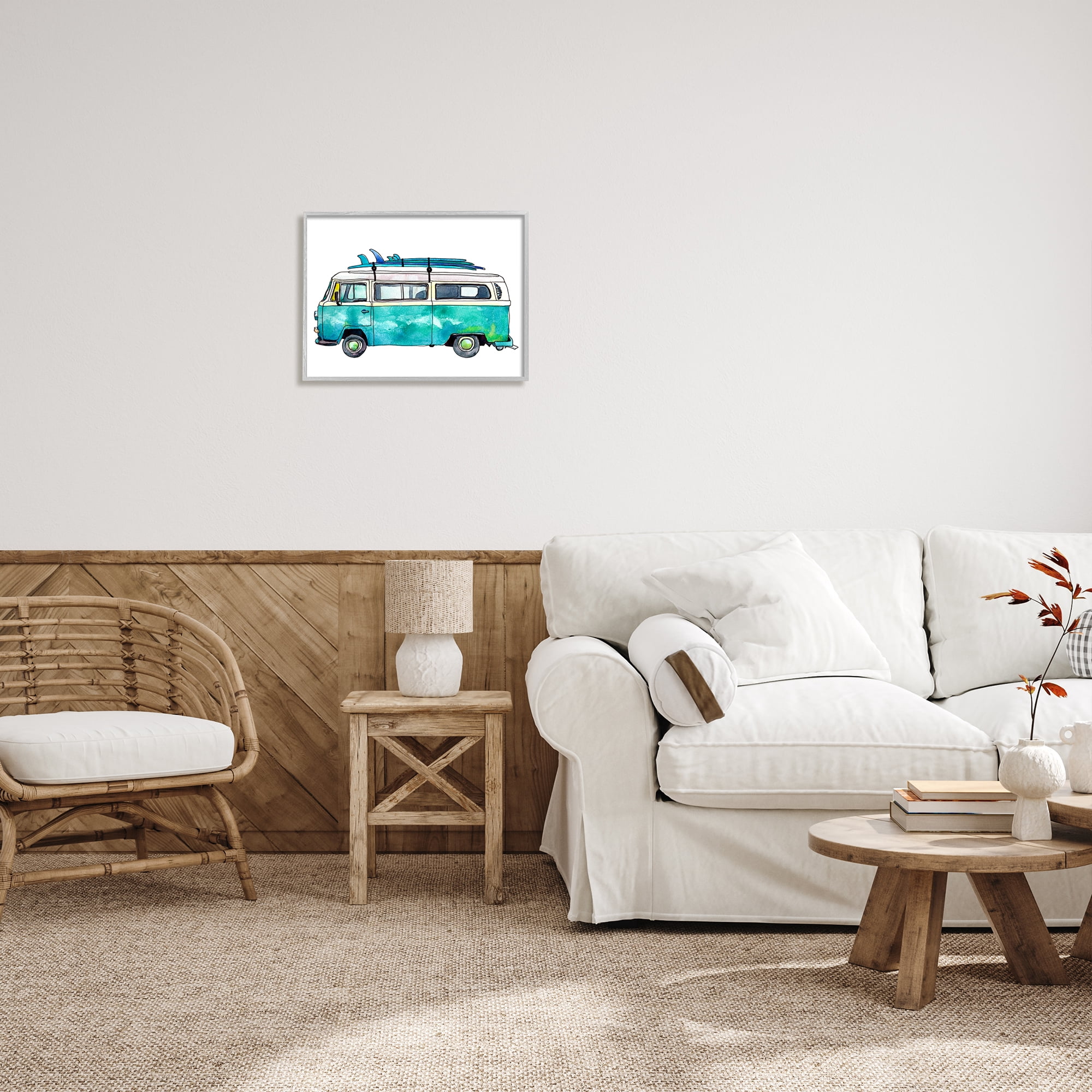 Stupell Summer Vacation Surfboard Van Landscape Painting Gray Framed Art Print Wall Art