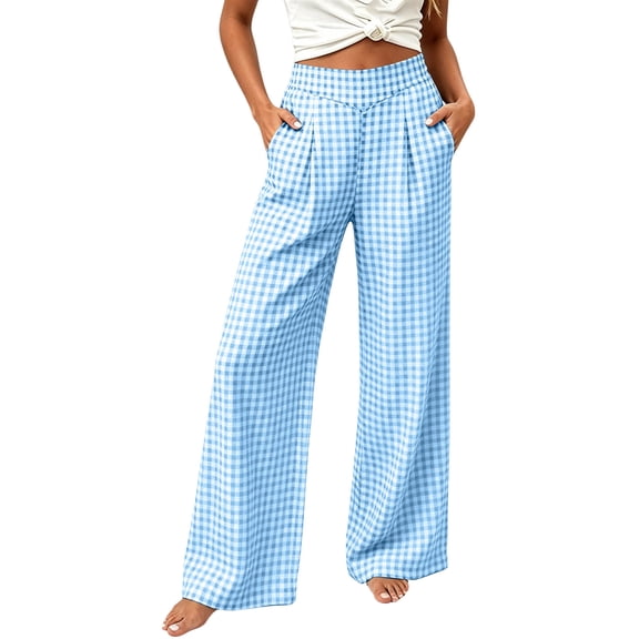 Oiangi Gingham Wide Leg Pants for Women High Waist Ruched Palazzo Pant Fall Trendy Plaid Trousers with Pockets Light Blue XL