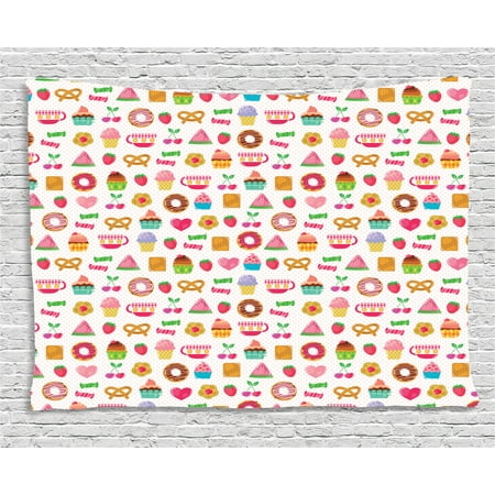 Tea Party Tapestry, Sweets Candies Cookies Fruit and Other Cute Things Festive Cheerful Collection, Wall Hanging for Bedroom Living Room Dorm Decor, 80W X 60L Inches, Multicolor, by