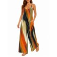 thumbnail image 2 of Women'S Summer Orange-Brown Stripes Wide Leg Jumpsuit Casual Loose Sleeveless Spaghetti Strap Romper With Pockets, 2 of 7