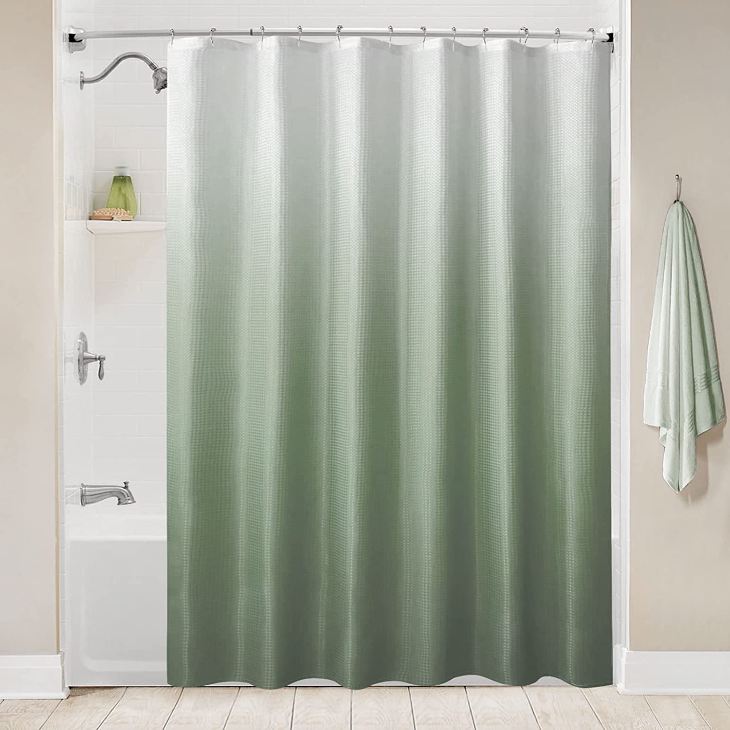 Sage Green Shower Curtain, Ombre Waffle Weave Fabric Shower Curtain