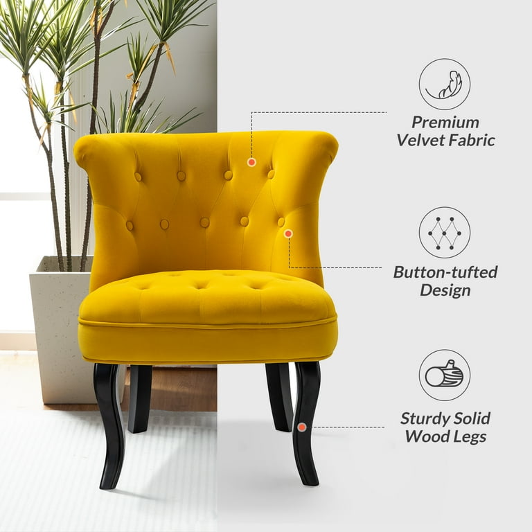 Velvet Armless Accent Chairs Button Single Sofa Wooden Legs Home Bedroom Living Room Adult Yellow