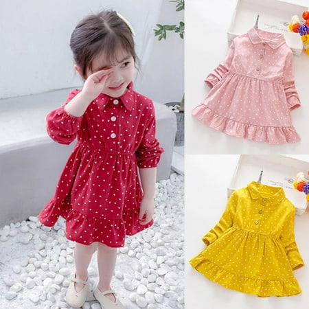 

Girls 1/2 Button Lapel Heart Print Ruffled Hem A-Line Dress 1-8T