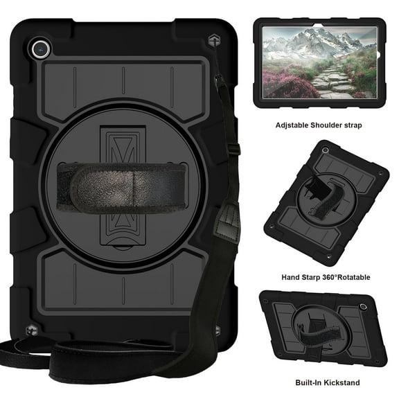 ELEHOLD Hybrid Rugged Case for Samsung Galaxy Tab A9 Plus 11.0" (2023), Heavy Duty Shockproof Cover with 360° Rotation Handstrap Kickstand Detachable Shoulder Strap Case for Galaxy Tab A9 ,Black