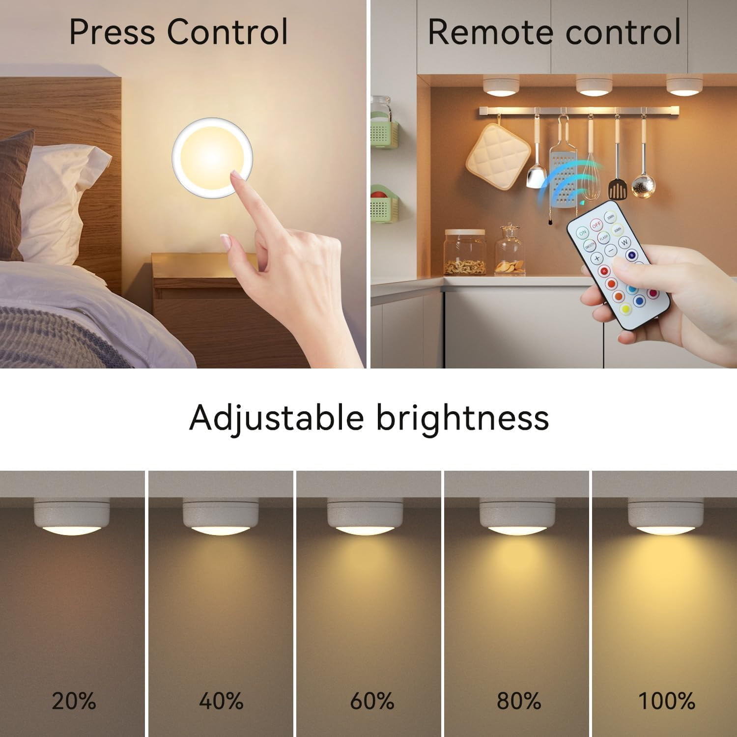 JJEAN-Battery Operated LED Push Lights with Wireless Remote, 13 Color RGB - for Closet, Bedroom Wall, Under Cabinet, Battery Powered Puck Lights. Convenient 3M Stick On(Black, 2-Packs)
