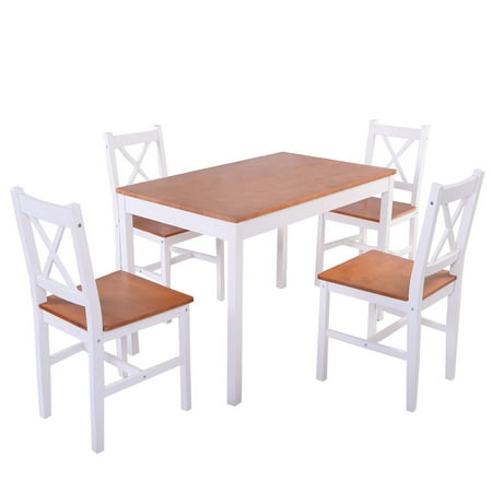 Goplus 5PCS Pine Wood Dinette Dining Set Table and 4 Chairs Home Kitchen Furniture