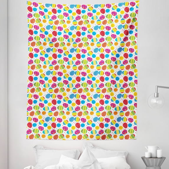Easter Tapestry, Cartoon Style Chicken and Colorful Eggs with Little Daisy Blossoms and Zigzag, Fabric Wall Hanging Decor for Bedroom Living Room Dorm, 5 Sizes, Multicolor, by Ambesonne