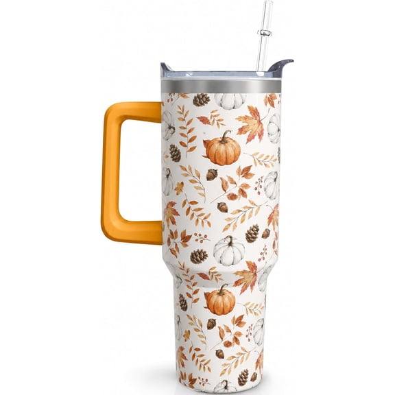 Fall Tumbler 40 oz Pumpkin Maple Leaves Tumblers with Handle and Straw Autumn Stainless Steel Insulated Coffee Cups Mugs Gifts Stuff Decor