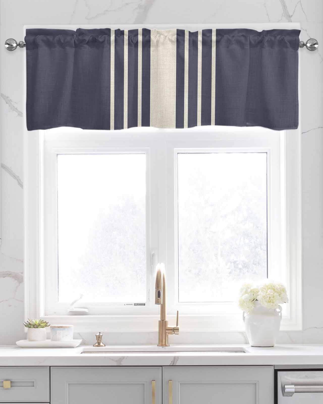 Beige Striped Kitchen Valances for Windows Farmhouse Linen Window Valance Curtain for Living Room Window Treatment Midnight Blue Geometric Simple Retro Valance Rod Pocket Topper Drape, 42 x 18 Inch