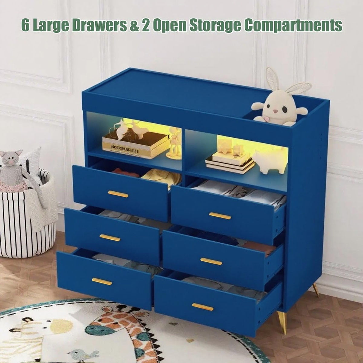 Danolapsi Changing Table Dresser with Drawers,Baby Dresser with Changing Table Top,Power Outlet,LED Light & Metal Feet,Diaper Changing Station Nursery Organizer for Infants Newborn（ship in 2 boxes）