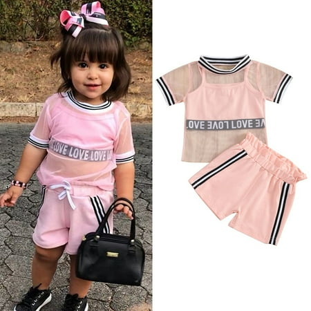 

3Pcs Toddler Kid Baby Girl Clothes Sheer Top+Vest Crop Top+Shorts Summer Sport Outfit Casual 1-5Years