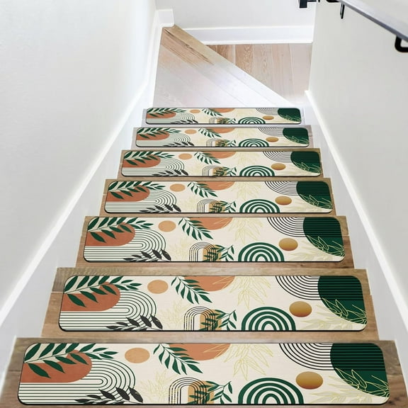 Non-Slip Carpet Stair Treads for Wooden Steps 30"X8" Abstract Green Beige Irregular Shape Green Leaf Art Staircase Step Treads Indoor Soft Resistant Rubber Safety Stair Mats for Pets & Elders