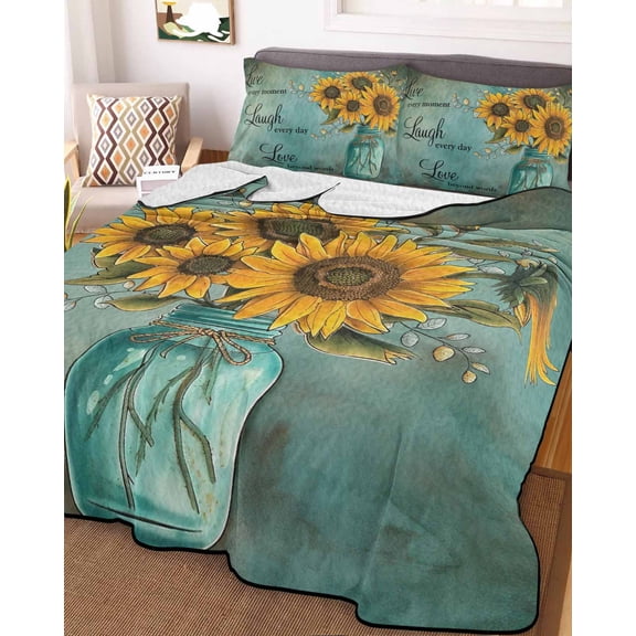 Vintage Sunflower Queen Size Down Alternative Comforter, Lightweight Comforter Quilt Bedding Set with Pillow Shams Teal Retro Summer Botanical Floral All Seasons Bed Comforter Duvet Insert 90"x96"