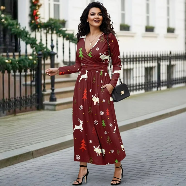 Fkelyi Red Christmas Reindeer Print Long Sleeve Maxi Dress for Women V-Neck Soft Casual Dress Flowy A-Line Dresses with Side Pockets for Party Wedding