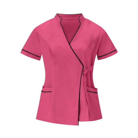 Scrub Tops for Women Short Sleeve Shirts Summer Cool Breathable 4 Way Stretch Nursing Suit Mandarin Collar V Neck Mock Wrap Uniform Adjustable Side Buckle Workwear with Pockets