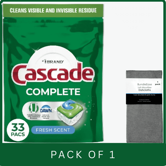 Cascade Complete Dishwasher Pods Fresh 33 ct with Microfiber Solid Color Dishcloth by BundleEase
