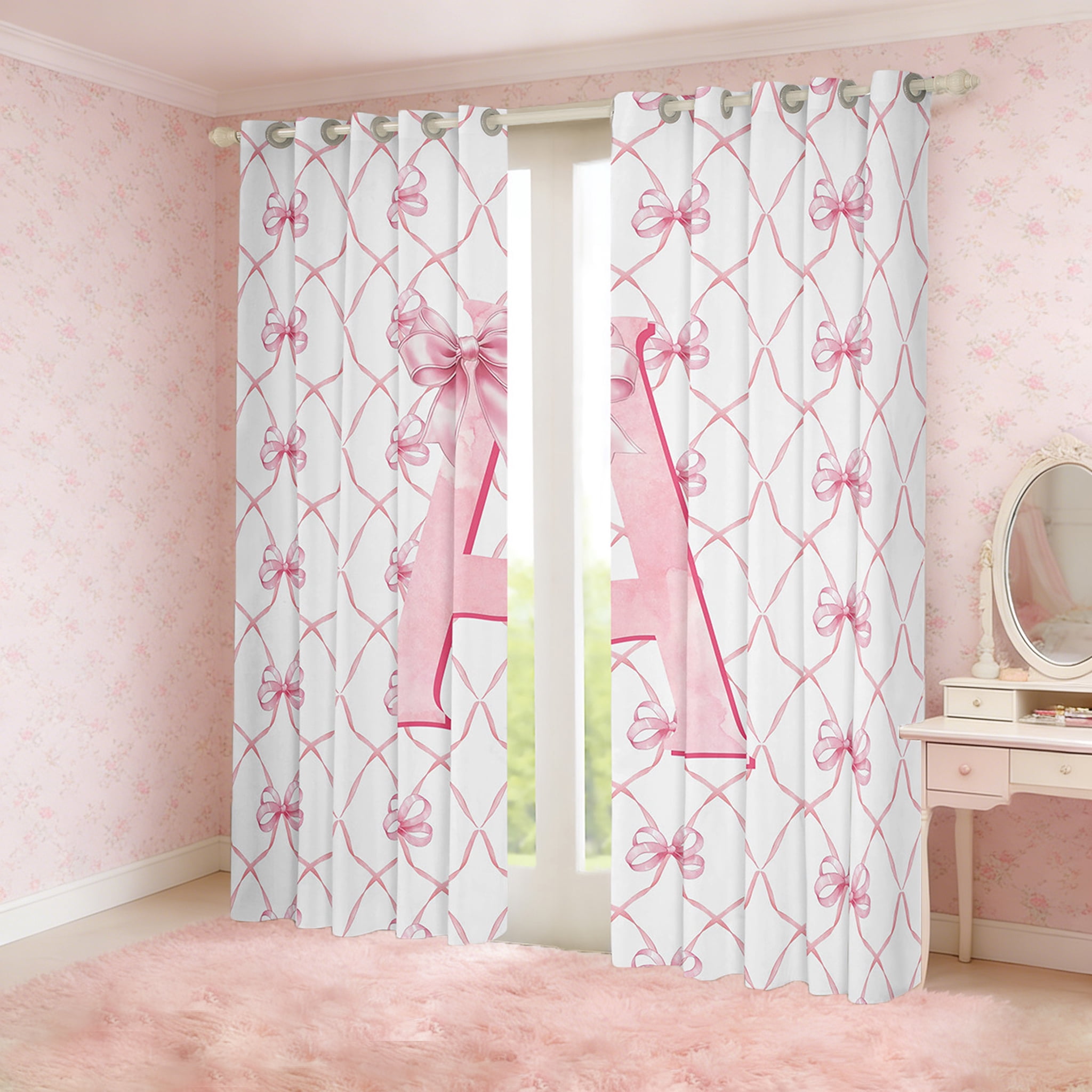 Manfei Monogrammed A Curtains and Drapes (42x84),Ribbon Bowknot Blackout Curtains for Bedroom,Pink White Curtains Pack of 2 (42x84),Microfiber Room Decorative