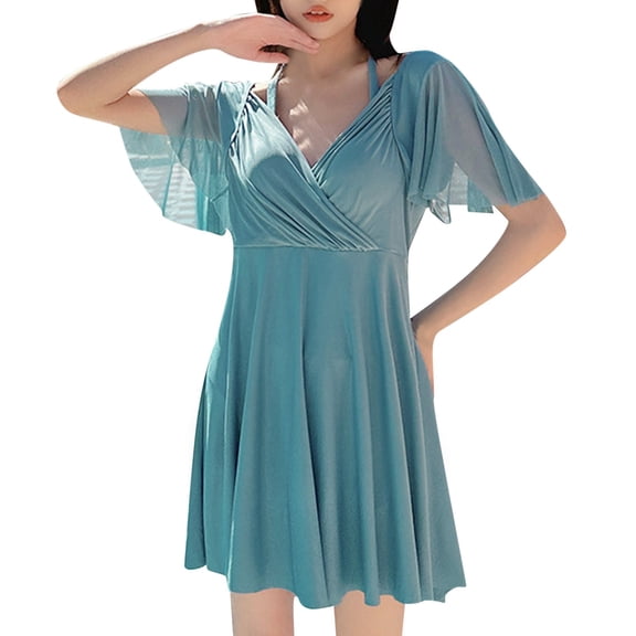 KaLI_store Swimsuits Women's Vintage Padded Push up One Piece Swimsuits Tummy Control Bathing Suits Plus Size Swimwear Blue,One Size