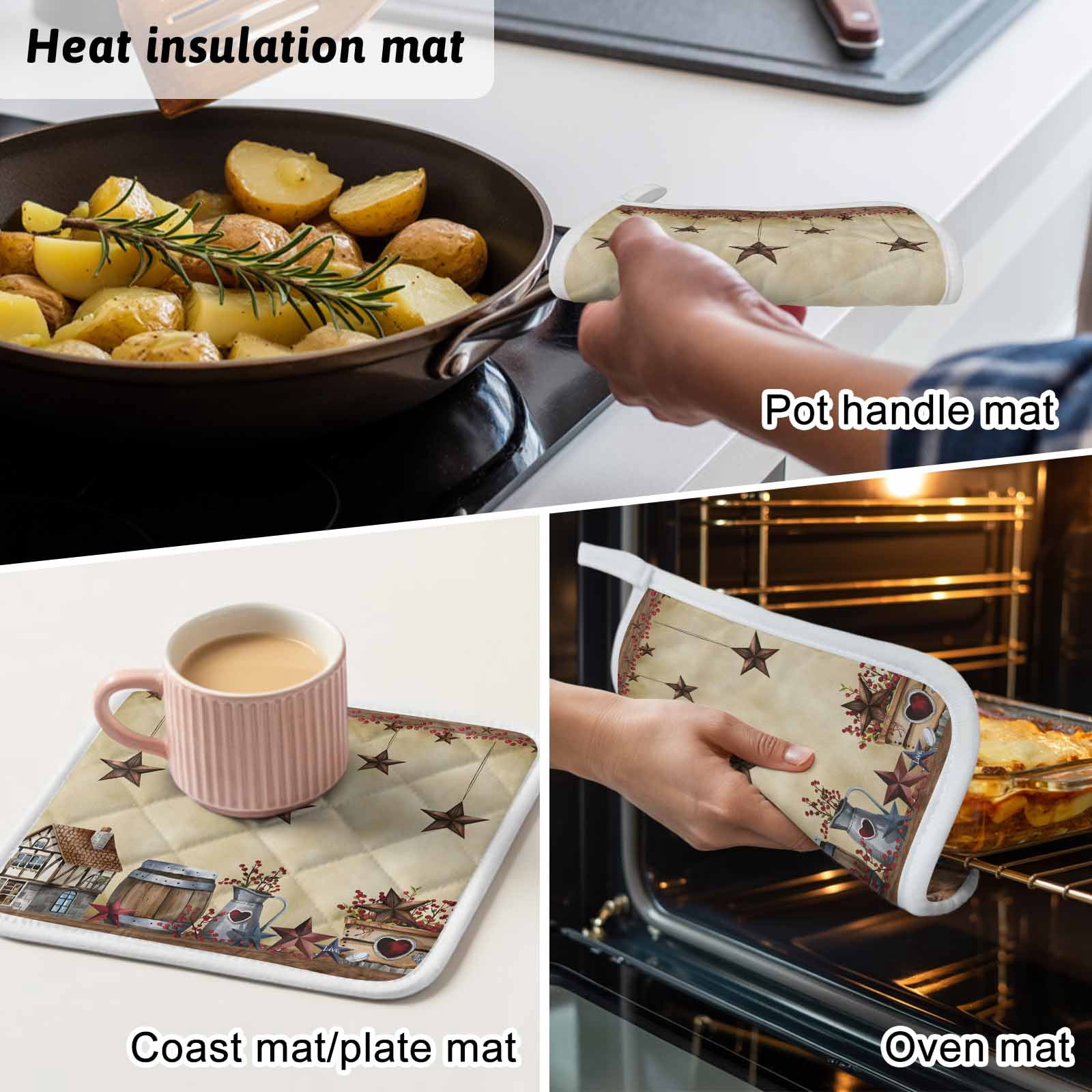 Star Brown Pot Holders for Kitchen Heatproof Potholder, 5 Pack Farmhouse American Country Vintage Berry Hot Pads Multipurpose Oven Pads Cloth Potholders Trivet for Cooking Baking
