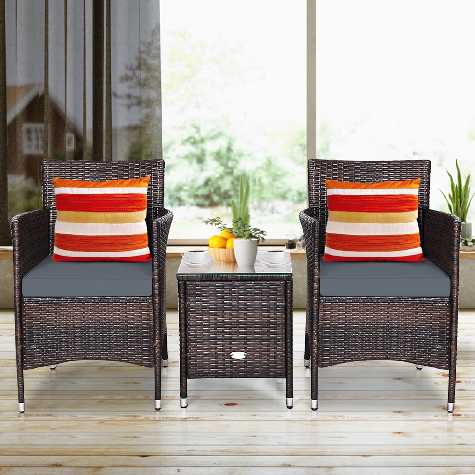Gymax 3PCS Patio Rattan Chair & Table Furniture Set Outdoor w/ Grey Cushion