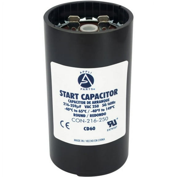 Appli Parts motor start capacitor 216-259 Mfd (microfarads) uF 250 VAC universal fit for electric motor applications 1-3/4 in Wide 3-3/8 in Height CON-216-250