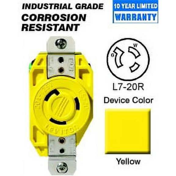 Leviton 23CM-30 Receptacle Locking Blade Corrosion Resistant L7-20R 20A 277V 2P3W Grounding - Yellow