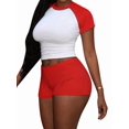 thumbnail image 3 of Women's Two Piece Outfits Crew Neck T-Shirt High Waist Solid Color Shirt Shorts Jogger Bodycon Sets Red XS, 3 of 10