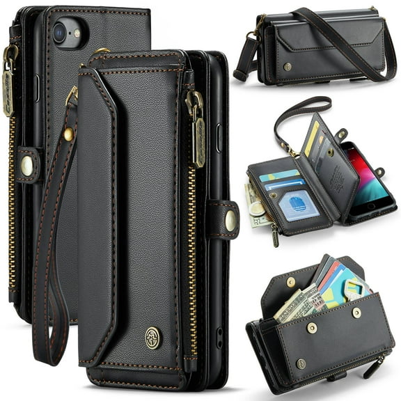 Crossbody for iPhone 7/8/SE Case Wallet【RFID Blocking】with 7-Card Holder Zipper Bills Slot, Soft PU Leather Magnetic Shoulder Wrist Strap for iPhone 7/8/SE Wallet Case Women