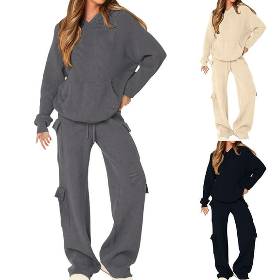 Ashirexll Womens 2 Piece Outfits, Womens Winter Sets, Round Neck Long Sleeve Shirt and Casual Wide Leg Pants Two Piece Fashion Set