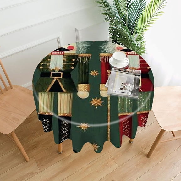 RKSupls 60 Inch Round Tablecloth, Nutcrackers Green Gold Premium Polyester Straight Edge Wrinkle Resistant Washable Table Cover for Party Home Dining Decor