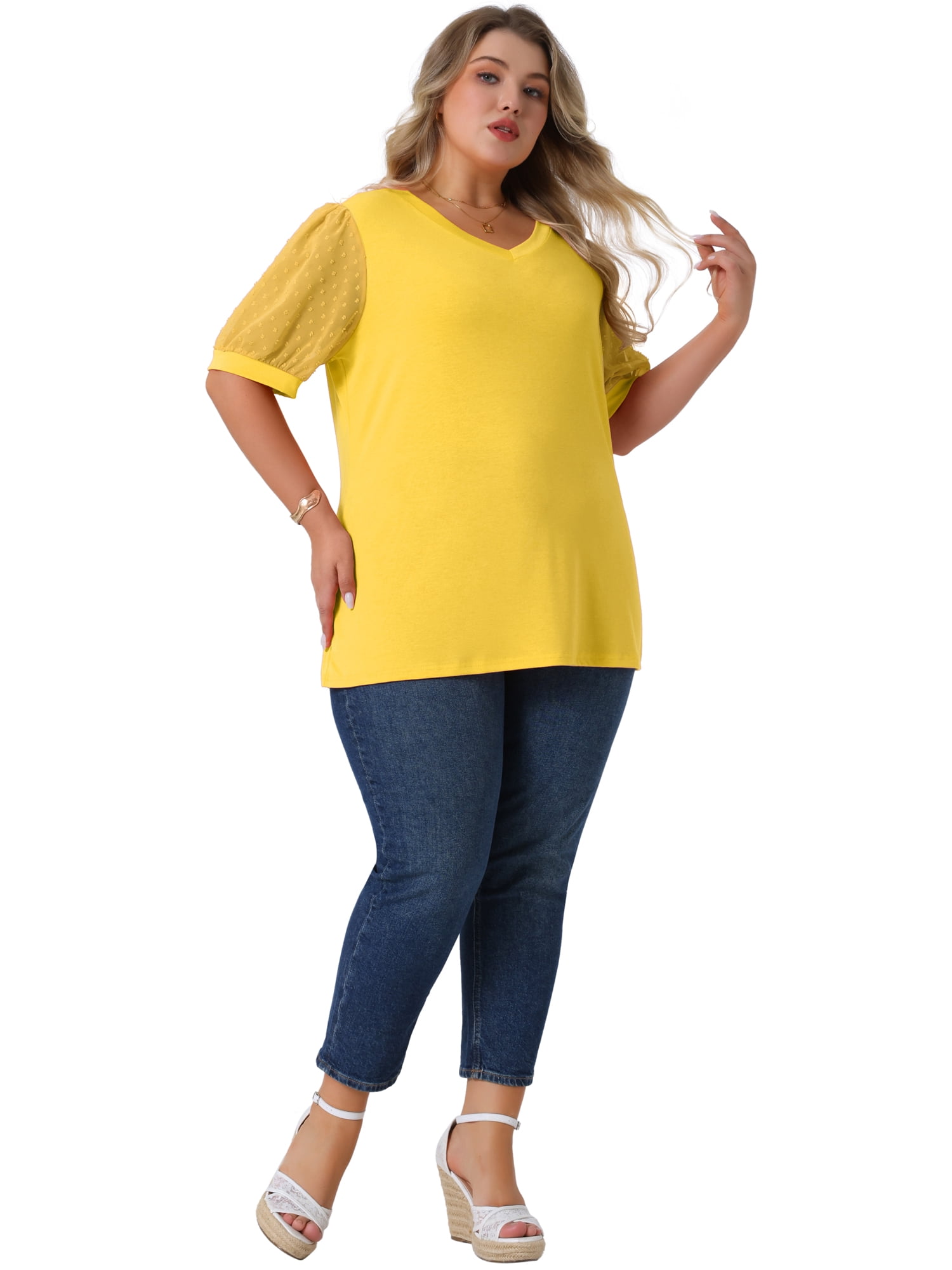 Women's Plus Tops V Neck Swiss Dots Puff Sleeve Casual Blouse Shirt 3X Yellow