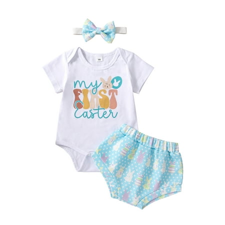 

Jamlynbo Infant Baby Girls Easter Outfits Short Sleeve Rabbit Print Romper Elastic Waist Shorts with Hairband 3Pcs Clothes Set