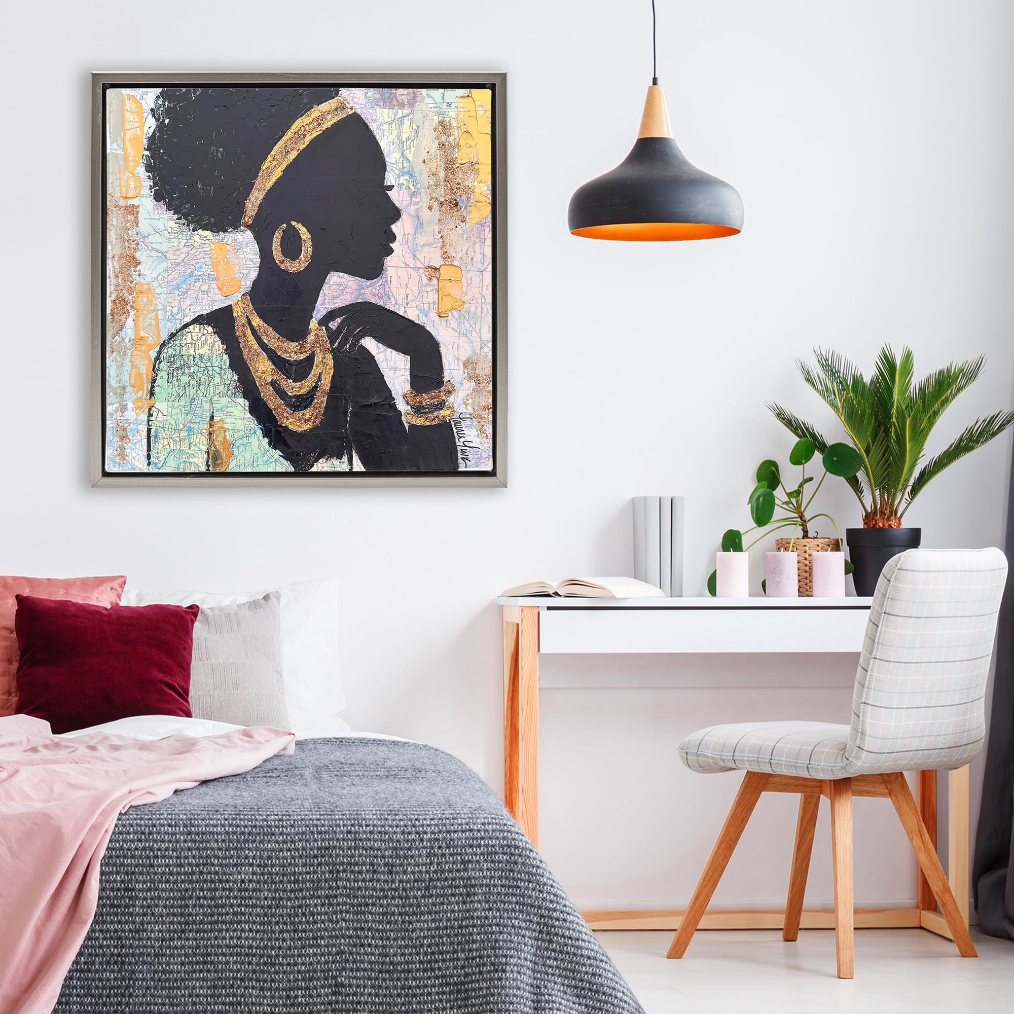 Stupell Industries Jewelry Clad Girl Silhouette Gray Framed Floater Canvas Wall Art, design by Lauren Luna