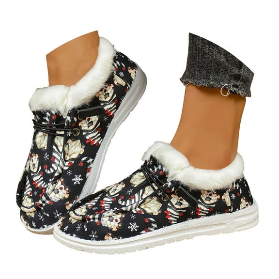 Chenyee Womens Loafers Fashion Christmas Print Slip On Sneakers Warm Fleece Lined Walking Shoes
