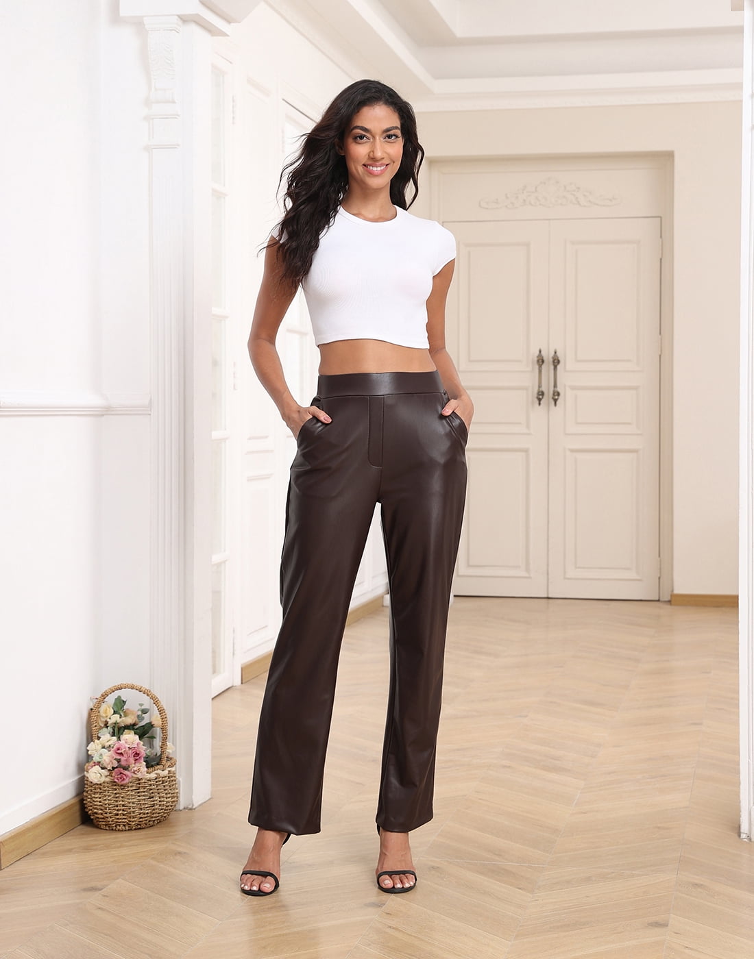 HDE Women's Pull On Faux Leather Kick Flare Pants with Pockets Dark Brown - M