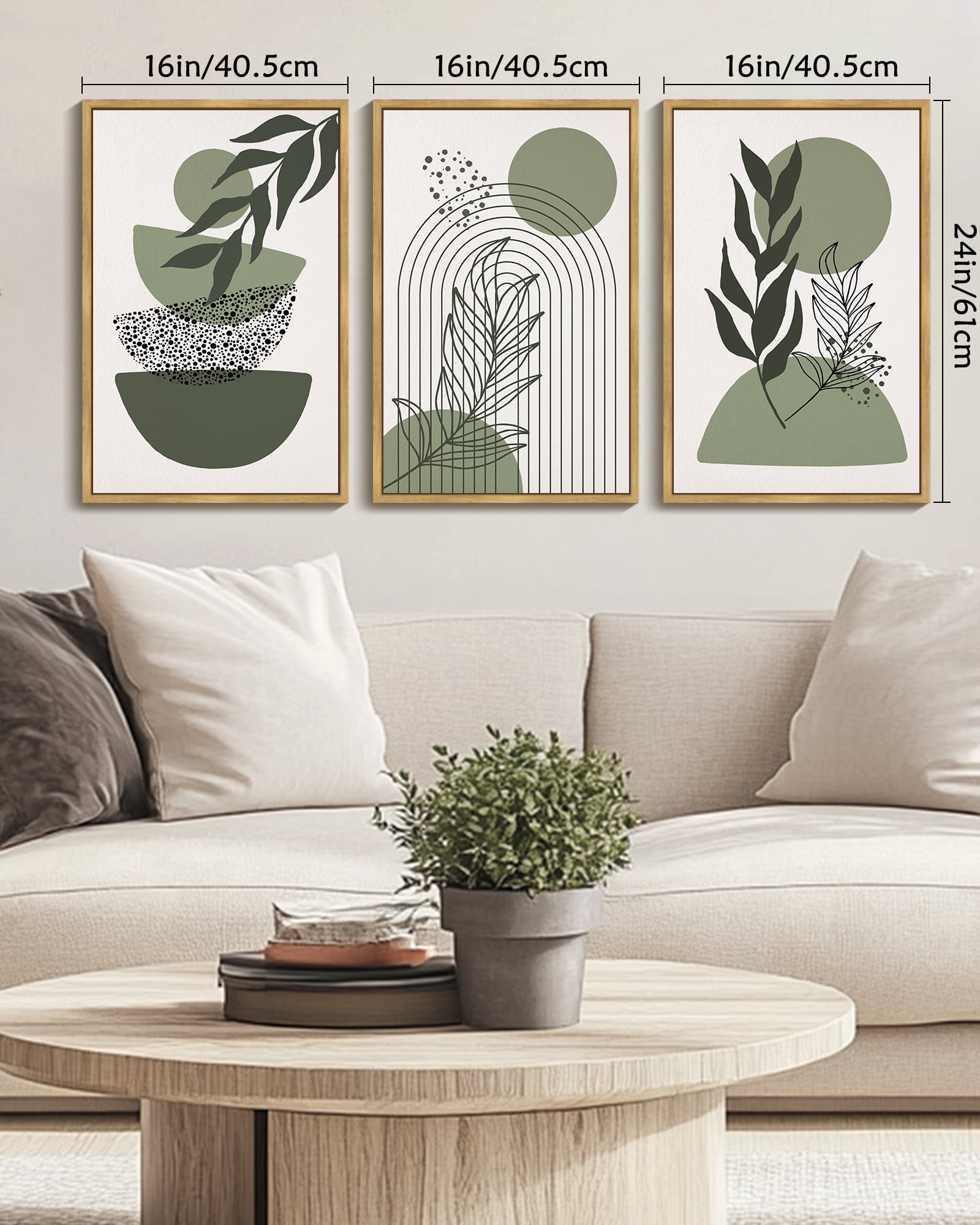 SHENIFY Green Boho Wall Art 16x24in3pcs Neutral Framed Modern Abstract Geometric Artwork Prints for Living Room Bedroom