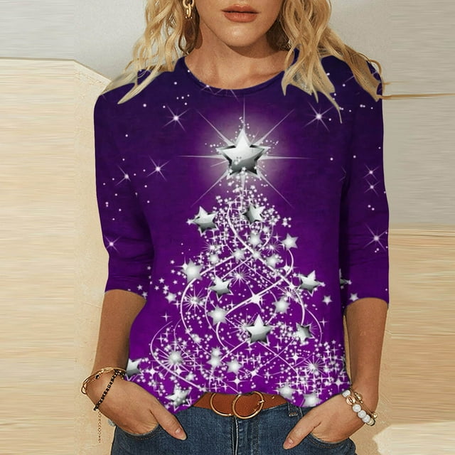 Meichang T-Shirts de Noël à Manches 3/4 pour Femmes, T-Shirts Graphiques Arbre de Noël, T-Shirt Décontracté à Col Rond, Coupe Ample, Chemisiers de Printemps et d'Automne, Offres de Noël 2024