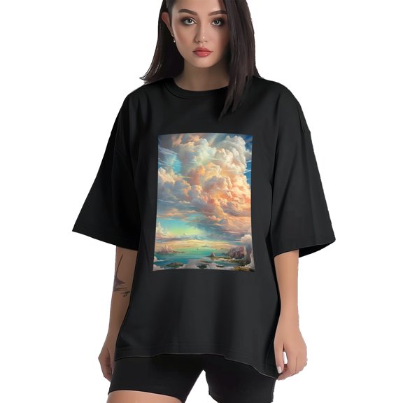 Plus Size Shirt for Women Black Tops for Women Short Sleeves Shirt for Women Cloud In The Sky T Shirt Crewneck Shirt for Women XS