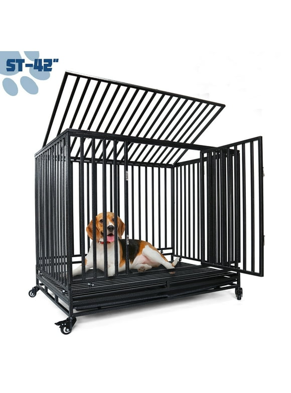 Suchown 42" Heavy Duty Dog Crate with Wheels,Escape Proof Dog Cage Kennel Lockable Double Doors Dog Crate with Removable Trays for Small Large Extra-Large Dogs