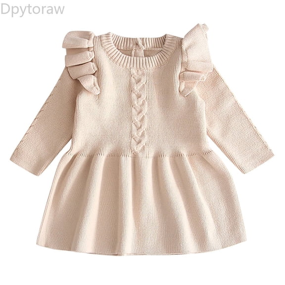Dpytoraw Toddler Baby Kids Girls Solid Warm Sweater Dress Knit Crochet Dresses Clothes Girls Long Sleeve Dresses,Beige Size 2-3 Years