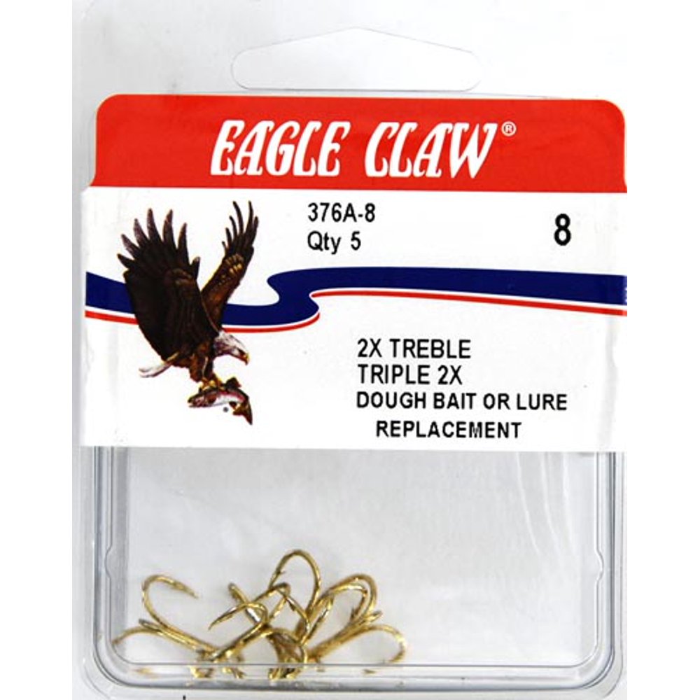 Eagle Claw 376AH8 2X Treble Hook, Gold, Size 8, 5 Pack