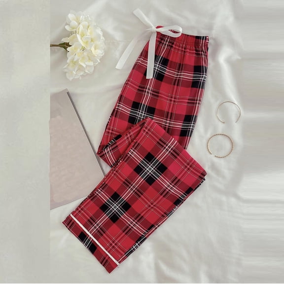 qolati Women's Pajama Pants Stretch Bottoms Elastic High Waisted Straight Legs Pant Plaid Print Loose Lounge Sleepwear Trousers