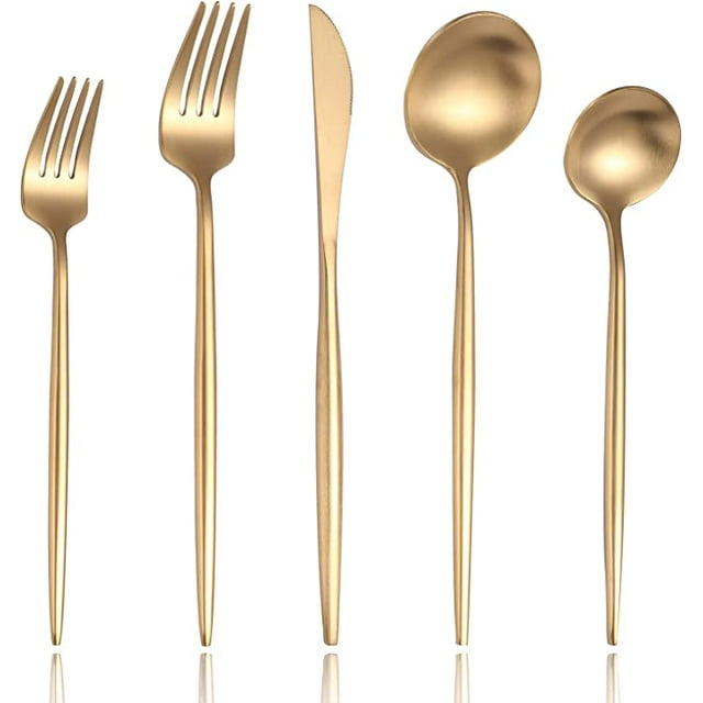 Jinsinto Gold Modern Silverware Set,Stainless Steel Flatware Set,Tableware Utensil Set for Home and Restaurant, Satin Finish, Dishwasher Safe,set of 5pcs